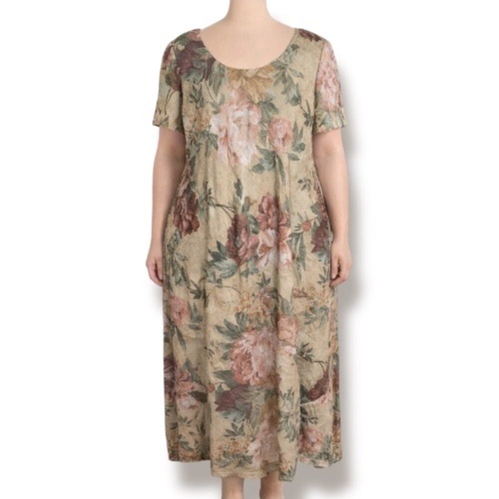 Vintage Tan Floral Maxi Dress XL Romantic Cottagecore 90s Poetcore Wedding Guest
